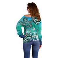 Fiji Born Indian Off Shoulder Sweater Palm Paisley With Tapa Pattern