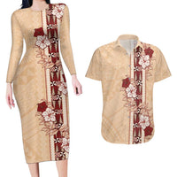 Tonga Language Week Couples Matching Long Sleeve Bodycon Dress and Hawaiian Shirt Hibiscus Tongan Ngatu Pattern