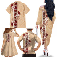 Tonga Language Week Family Matching Off The Shoulder Long Sleeve Dress and Hawaiian Shirt Hibiscus Tongan Ngatu Pattern