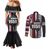 Hawaii 1959 Statehood Day Couples Matching Mermaid Dress and Long Sleeve Button Shirt Classic Style