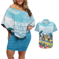 Hawaii Outrigger Canoe Race Couples Matching Off Shoulder Short Dress and Hawaiian Shirt Polynesian Style Watercolor Style