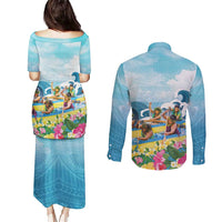 Hawaii Outrigger Canoe Race Couples Matching Puletasi and Long Sleeve Button Shirt Polynesian Style Watercolor Style