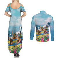 Hawaii Outrigger Canoe Race Couples Matching Summer Maxi Dress and Long Sleeve Button Shirt Polynesian Style Watercolor Style