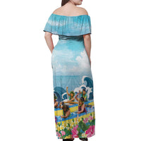 Hawaii Outrigger Canoe Race Off Shoulder Maxi Dress Polynesian Style Watercolor Style