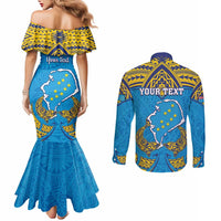 Personalised Tuvalu Independence Day Couples Matching Mermaid Dress and Long Sleeve Button Shirt Coat Of Arms With Polynesian Dolphin Tattoo