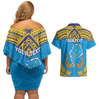Personalised Tuvalu Independence Day Couples Matching Off Shoulder Short Dress and Hawaiian Shirt Coat Of Arms With Polynesian Dolphin Tattoo
