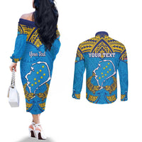 Personalised Tuvalu Independence Day Couples Matching Off The Shoulder Long Sleeve Dress and Long Sleeve Button Shirt Coat Of Arms With Polynesian Dolphin Tattoo