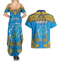 Personalised Tuvalu Independence Day Couples Matching Summer Maxi Dress and Hawaiian Shirt Coat Of Arms With Polynesian Dolphin Tattoo