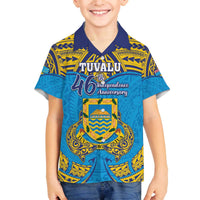 Personalised Tuvalu Independence Day Family Matching Off Shoulder Short Dress and Hawaiian Shirt Coat Of Arms With Polynesian Dolphin Tattoo