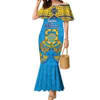 Personalised Tuvalu Independence Day Mermaid Dress Coat Of Arms With Polynesian Dolphin Tattoo LT05 Women Blue - Polynesian Pride