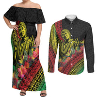 Retro Hawaiian Singer Couples Matching Off Shoulder Maxi Dress and Long Sleeve Button Shirt Polynesian Style Tropical Flowers LT05 Black - Polynesian Pride