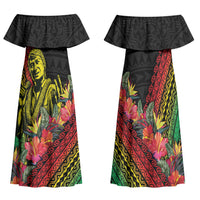 Retro Hawaiian Singer Family Matching Off Shoulder Maxi Dress and Hawaiian Shirt Polynesian Style Tropical Flowers LT05 Mom's Dress Black - Polynesian Pride