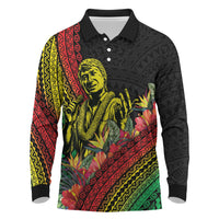 Retro Hawaiian Singer Long Sleeve Polo Shirt Polynesian Style Tropical Flowers LT05 Black - Polynesian Pride