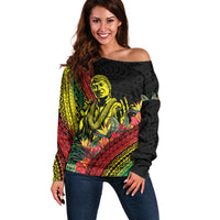 Retro Hawaiian Singer Off Shoulder Sweater Polynesian Style Tropical Flowers LT05 Women Black - Polynesian Pride