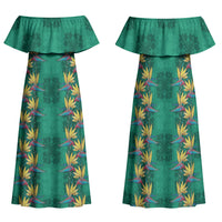 Hawaii Waikiki King Family Matching Off Shoulder Maxi Dress and Hawaiian Shirt Green Quilt With Pua Manu LT05 Mom's Dress Green - Polynesian Pride