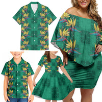 Hawaii Waikiki King Family Matching Off Shoulder Short Dress and Hawaiian Shirt Green Quilt With Pua Manu LT05 - Polynesian Pride