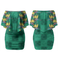 Hawaii Waikiki King Family Matching Off Shoulder Short Dress and Hawaiian Shirt Green Quilt With Pua Manu LT05 Mom's Dress Green - Polynesian Pride