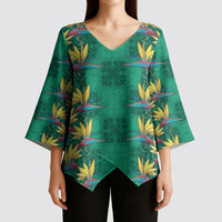 Hawaii Waikiki King Kimono Sleeve Blouse Green Quilt With Pua Manu LT05 - Polynesian Pride