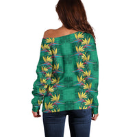 Hawaii Waikiki King Off Shoulder Sweater Green Quilt With Pua Manu LT05 - Polynesian Pride