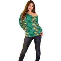 Hawaii Waikiki King Off Shoulder Sweater Green Quilt With Pua Manu LT05 - Polynesian Pride