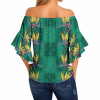 Hawaii Waikiki King Off Shoulder Wrap Waist Top Green Quilt With Pua Manu LT05 - Polynesian Pride