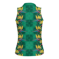 Hawaii Waikiki King Women Sleeveless Polo Shirt Green Quilt With Pua Manu LT05 - Polynesian Pride