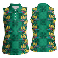 Hawaii Waikiki King Women Sleeveless Polo Shirt Green Quilt With Pua Manu LT05 - Polynesian Pride