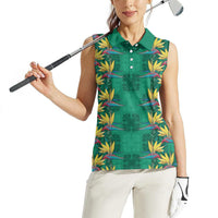 Hawaii Waikiki King Women Sleeveless Polo Shirt Green Quilt With Pua Manu LT05 - Polynesian Pride
