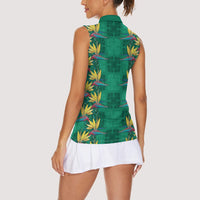 Hawaii Waikiki King Women Sleeveless Polo Shirt Green Quilt With Pua Manu LT05 - Polynesian Pride