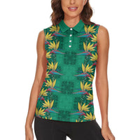 Hawaii Waikiki King Women Sleeveless Polo Shirt Green Quilt With Pua Manu LT05 - Polynesian Pride