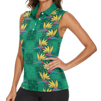 Hawaii Waikiki King Women Sleeveless Polo Shirt Green Quilt With Pua Manu LT05 - Polynesian Pride