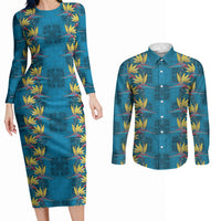 Hawaii Waikiki King Couples Matching Long Sleeve Bodycon Dress and Long Sleeve Button Shirt Blue Quilt With Pua Manu LT05 Blue - Polynesian Pride