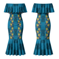 Hawaii Waikiki King Couples Matching Mermaid Dress and Long Sleeve Button Shirt Blue Quilt With Pua Manu LT05 - Polynesian Pride
