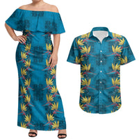 Hawaii Waikiki King Couples Matching Off Shoulder Maxi Dress and Hawaiian Shirt Blue Quilt With Pua Manu LT05 Blue - Polynesian Pride