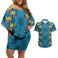Hawaii Waikiki King Couples Matching Off Shoulder Short Dress and Hawaiian Shirt Blue Quilt With Pua Manu LT05 Blue - Polynesian Pride