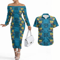 Hawaii Waikiki King Couples Matching Off The Shoulder Long Sleeve Dress and Hawaiian Shirt Blue Quilt With Pua Manu LT05 Blue - Polynesian Pride