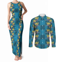 Hawaii Waikiki King Couples Matching Tank Maxi Dress and Long Sleeve Button Shirt Blue Quilt With Pua Manu LT05 Blue - Polynesian Pride