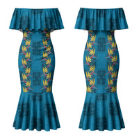 Hawaii Waikiki King Family Matching Mermaid Dress and Hawaiian Shirt Blue Quilt With Pua Manu LT05 Mom's Dress Blue - Polynesian Pride