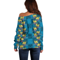 Hawaii Waikiki King Off Shoulder Sweater Blue Quilt With Pua Manu LT05 - Polynesian Pride