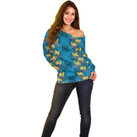 Hawaii Waikiki King Off Shoulder Sweater Blue Quilt With Pua Manu LT05 - Polynesian Pride