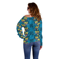 Hawaii Waikiki King Off Shoulder Sweater Blue Quilt With Pua Manu LT05 - Polynesian Pride