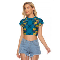 Hawaii Waikiki King Raglan Cropped T Shirt Blue Quilt With Pua Manu LT05 Female Blue - Polynesian Pride