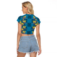 Hawaii Waikiki King Raglan Cropped T Shirt Blue Quilt With Pua Manu LT05 - Polynesian Pride