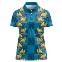 Hawaii Waikiki King Women Polo Shirt Blue Quilt With Pua Manu LT05 Female Blue - Polynesian Pride