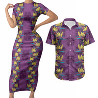 Hawaii Waikiki King Couples Matching Short Sleeve Bodycon Dress and Hawaiian Shirt Purple Quilt With Pua Manu LT05 Purple - Polynesian Pride