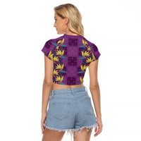 Hawaii Waikiki King Raglan Cropped T Shirt Purple Quilt With Pua Manu LT05 - Polynesian Pride