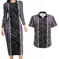 Hawaii Queen Liliuokalani Couples Matching Long Sleeve Bodycon Dress and Hawaiian Shirt Hawaiian Lei Pua Kalaunu LT05 Black - Polynesian Pride