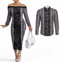 Hawaii Queen Liliuokalani Couples Matching Off The Shoulder Long Sleeve Dress and Long Sleeve Button Shirt Hawaiian Lei Pua Kalaunu LT05 Black - Polynesian Pride