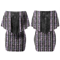 Hawaii Queen Liliuokalani Family Matching Off Shoulder Short Dress and Hawaiian Shirt Hawaiian Lei Pua Kalaunu LT05 Mom's Dress Black - Polynesian Pride