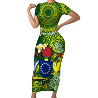 Personalized Cook Islands Short Sleeve Bodycon Dress Coat Of Arms Plumeria Polynesian Turtle LT05 Long Dress Green - Polynesian Pride